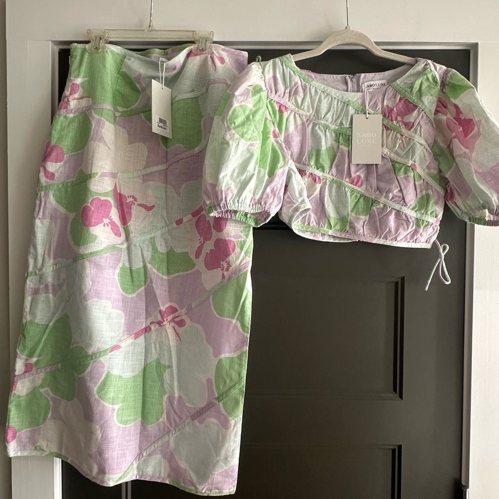 Sabo Skirt Pastel Floral Blouse and Midi Skirt Set